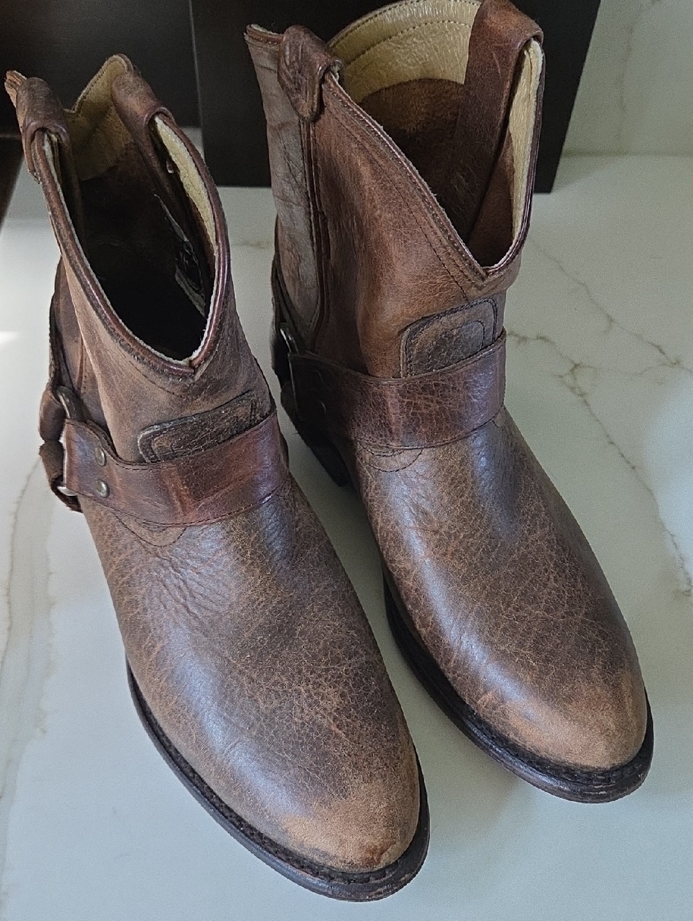 Frye Distressed Brown Leather Harness Western Boots
